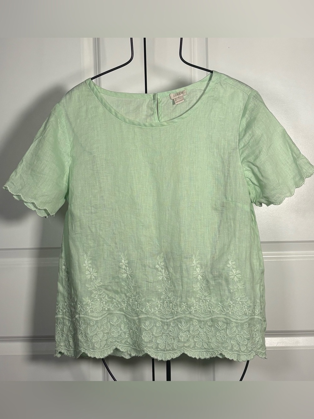 J. Crew Mint Green Embroidered 100% Linen Top